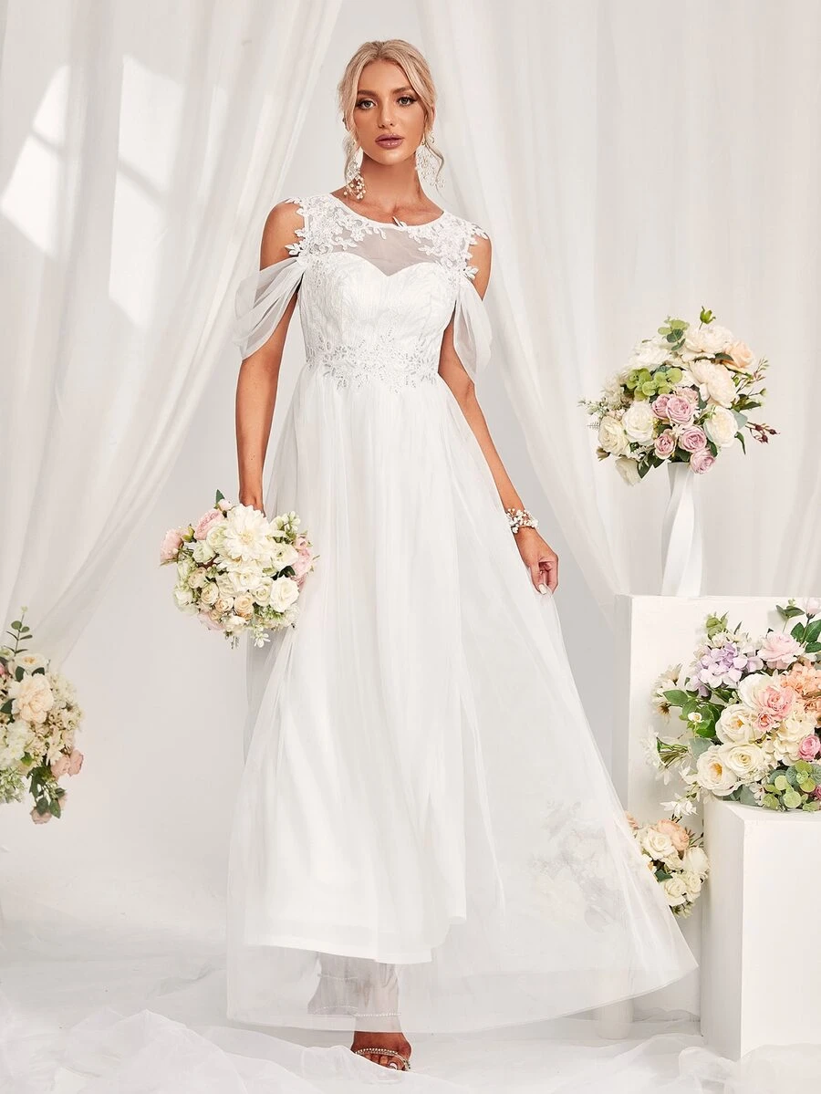Contrast Guipure Lace Wedding Dress - White - View 1