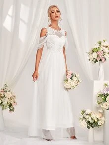 Contrast Guipure Lace Wedding Dress - White - View 5
