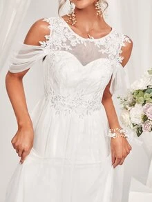 Contrast Guipure Lace Wedding Dress - White - View 6