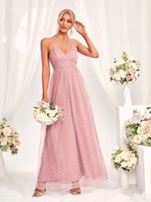 Argyle Pattern Mesh Overlay Cami Bridesmaid Dress - Pink - View 1