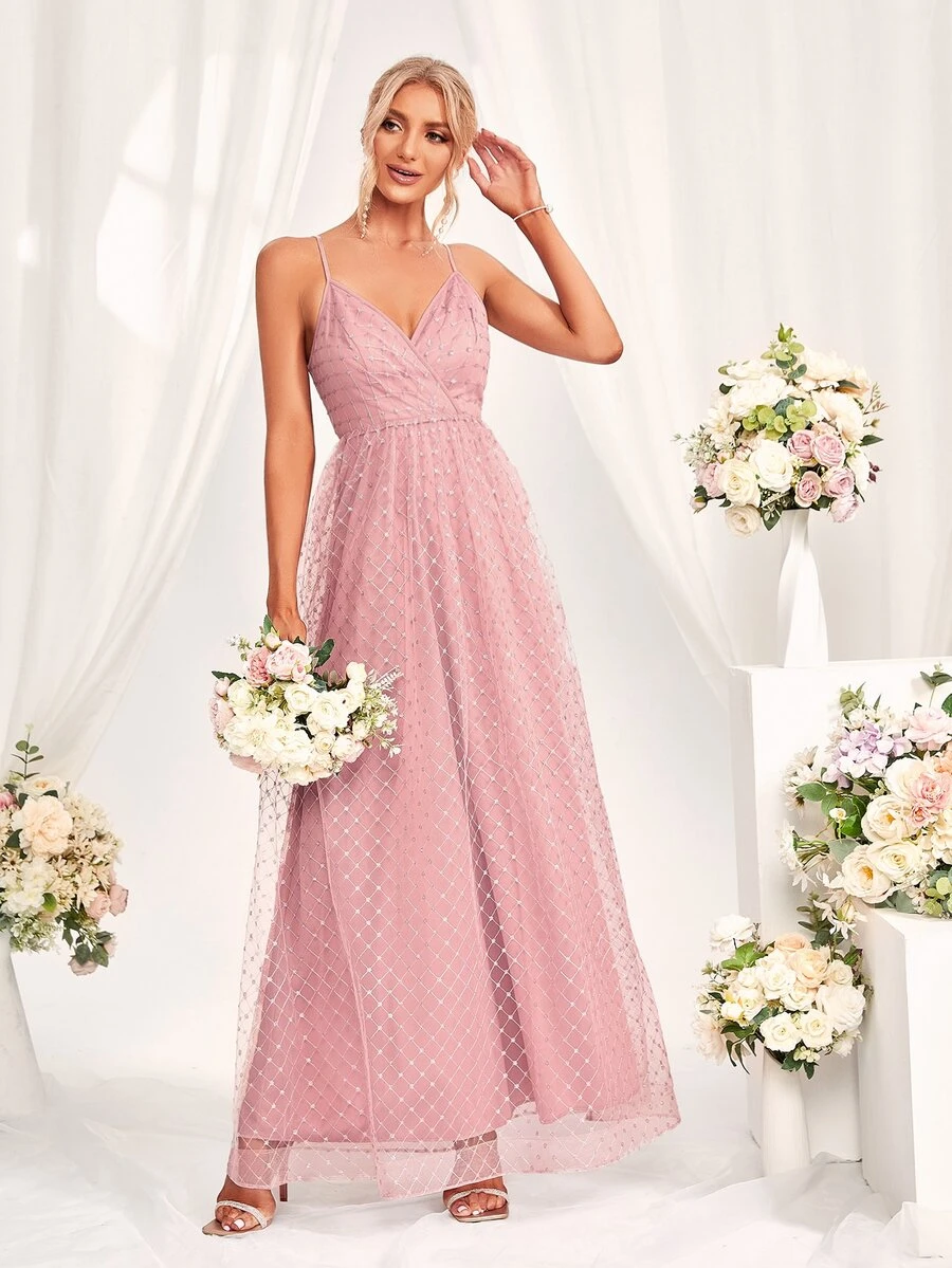Argyle Pattern Mesh Overlay Cami Bridesmaid Dress - Pink - View 1