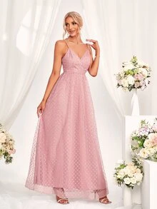 Argyle Pattern Mesh Overlay Cami Bridesmaid Dress - Pink - View 3