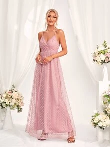 Argyle Pattern Mesh Overlay Cami Bridesmaid Dress - Pink - View 4