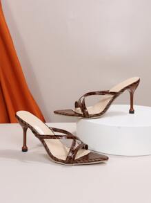 Women Crocodile Embossed Stiletto Heeled Mule Sandals, Fashion Summer Heeled Sandals - Brown - View 3