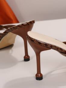 Women Crocodile Embossed Stiletto Heeled Mule Sandals, Fashion Summer Heeled Sandals - Brown - View 4