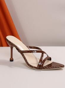 Women Crocodile Embossed Stiletto Heeled Mule Sandals, Fashion Summer Heeled Sandals - Brown - View 5