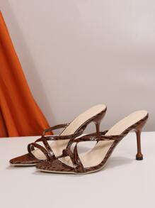 Women Crocodile Embossed Stiletto Heeled Mule Sandals, Fashion Summer Heeled Sandals - Brown - View 6