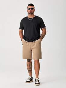 Manfinity Hypemode 男士補丁貼腰部抽繩短褲 - 卡其色 - 查看 3