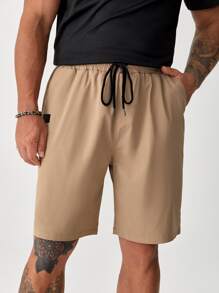 Manfinity Hypemode 男士補丁貼腰部抽繩短褲 - 卡其色 - 查看 4