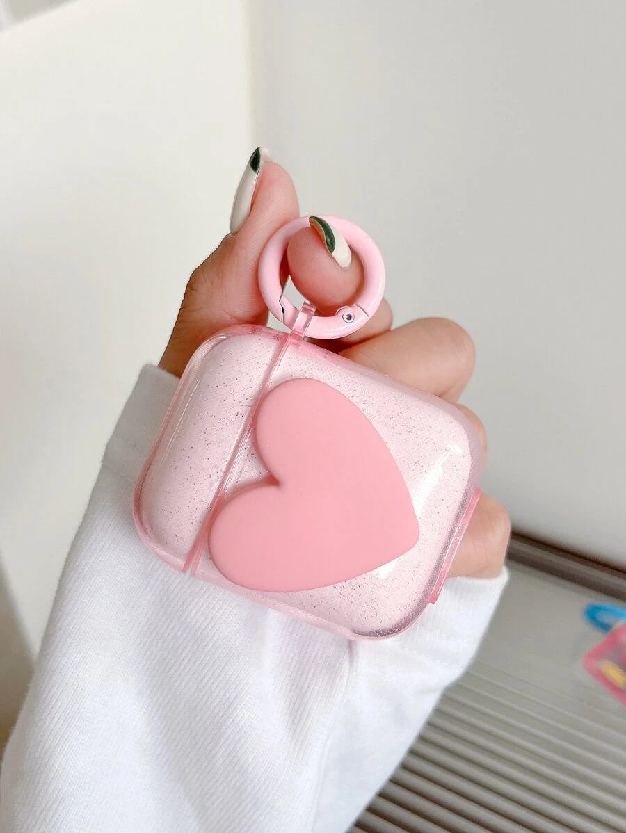 3D Heart Decor Clear Case Compatible With Airpods - Pink - View 1