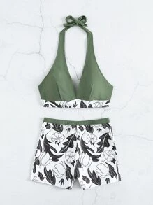 Swim Lushoire Summer Beach Random Floral Print Bikini Set Halter Wireless Bra Top & Shorts 2 Pieces Bikini