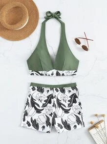Swim Lushoire Summer Beach Random Floral Print Bikini Set Halter Wireless Bra Top & Shorts 2 Pieces Bikini