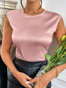 SHEIN Privé 素色無袖緞面襯衫 - 藕粉色 - 查看 3