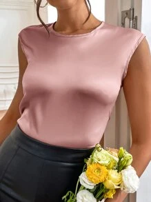 SHEIN Privé 素色無袖緞面襯衫 - 藕粉色 - 查看 4