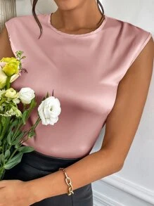 SHEIN Privé 素色無袖緞面襯衫 - 藕粉色 - 查看 5