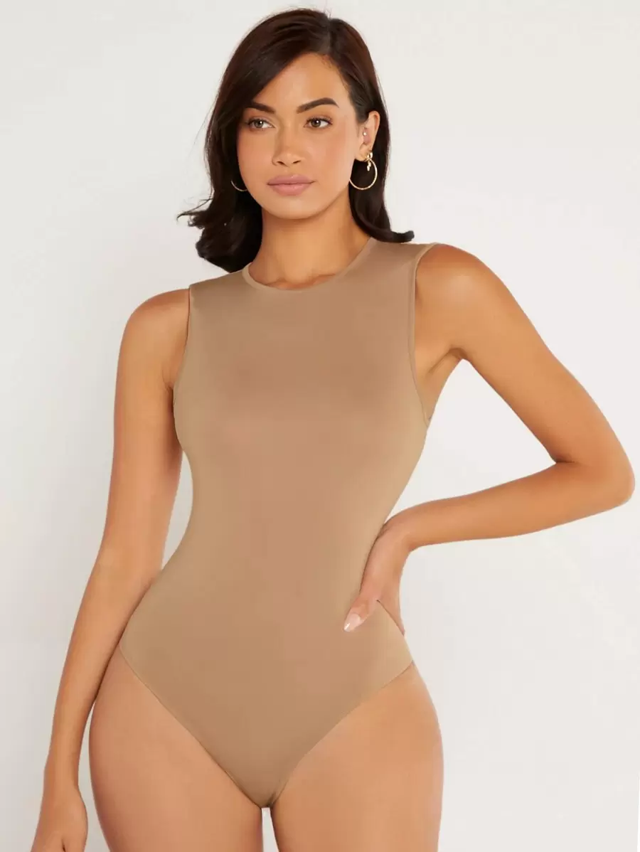 SHEIN BASICS Solid Round Neck Fitted Tank Bodysuit - Apricot - View 1