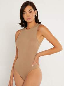 SHEIN BASICS Solid Round Neck Fitted Tank Bodysuit - Apricot - View 6