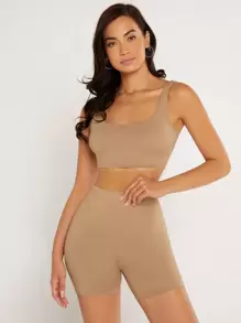 SHEIN BASICS 大圓領素色短款背心 - 卡其色 - 查看 1