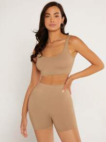 SHEIN BASICS 大圓領素色短款背心 - 卡其色 - 查看 4