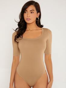 SHEIN BASICS Solid Scoop Neck Bodysuit - Khaki - View 1