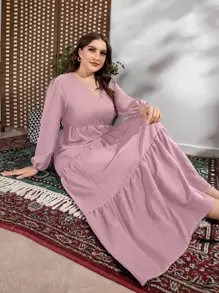 Modelyn Vestido de talla grande con mangas farol y volantes en el bajo - Rosa vieja - Ver 3