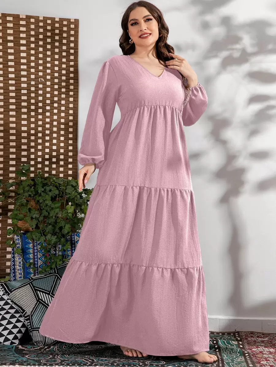 Modelyn Vestido de talla grande con mangas farol y volantes en el bajo - Rosa vieja - Ver 1