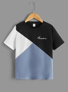 SHEIN Boys Letter Graphic Colour Block Tee - Dusty Blue - View 1