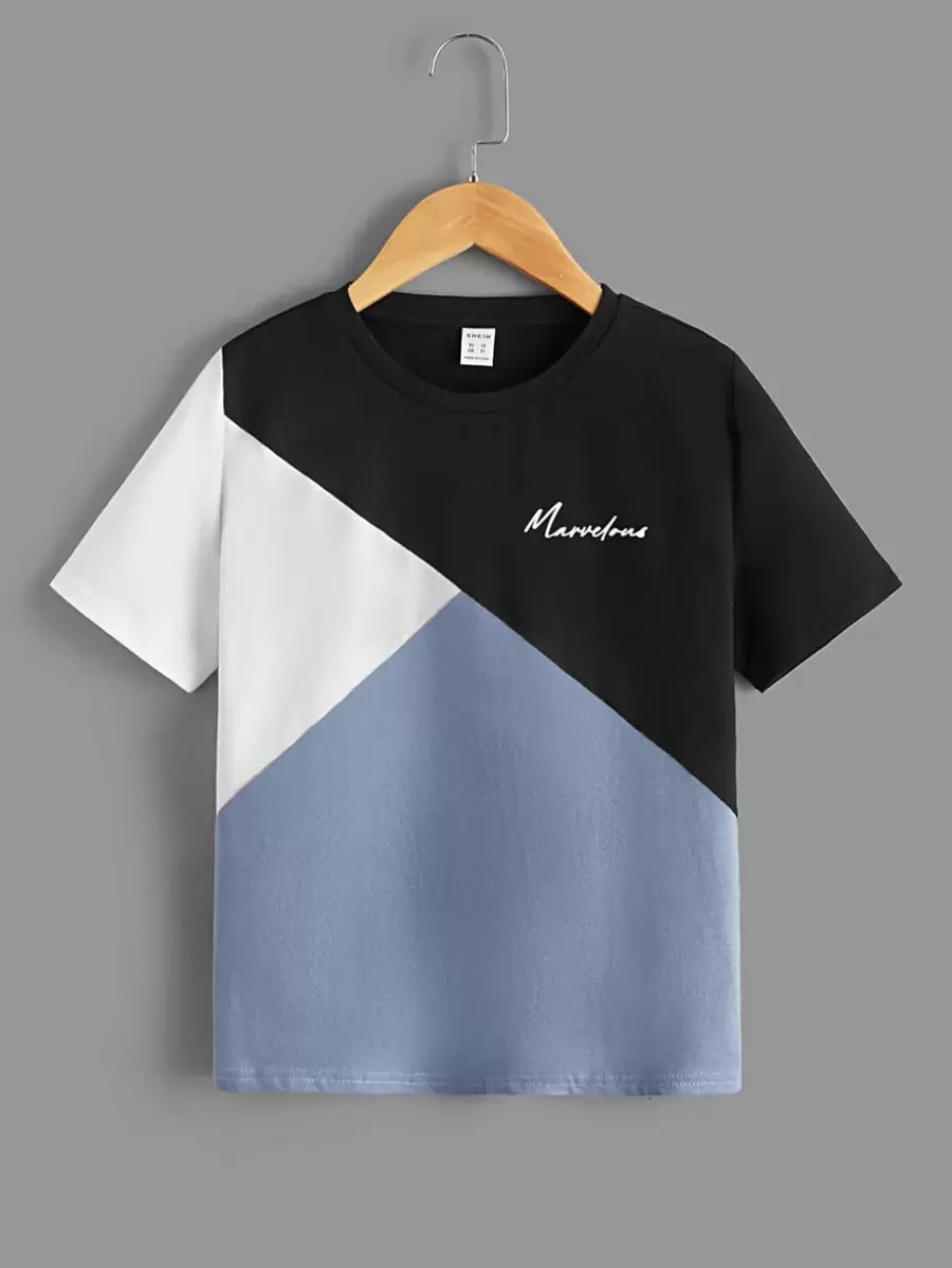 SHEIN Boys Letter Graphic Colour Block Tee - Dusty Blue - View 1
