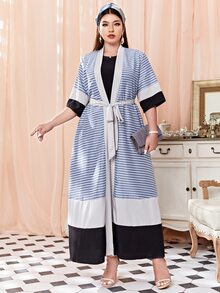 Al Najma Plus Striped Contrast Trim Belted Abaya - Multicolor - View 3