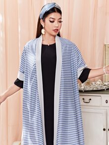 Al Najma Plus Striped Contrast Trim Belted Abaya - Multicolor - View 5