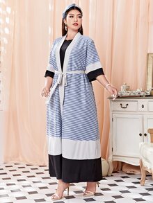 Al Najma Plus Striped Contrast Trim Belted Abaya - Multicolor - View 6