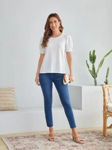 EMERY ROSE Hollow Out Puff Sleeve Tee - White - View 3