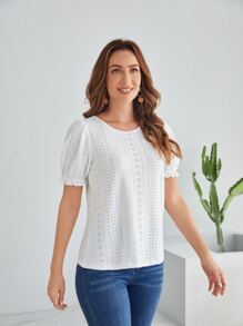 EMERY ROSE Hollow Out Puff Sleeve Tee - White - View 4