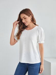 EMERY ROSE Hollow Out Puff Sleeve Tee - White - View 6