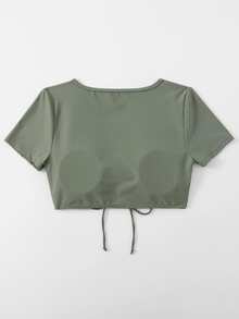 Drawstring Front Bikini Top, For Summer Beach Vacation - Army Green - View 2