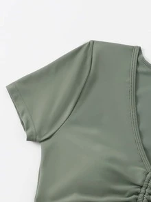 Drawstring Front Bikini Top, For Summer Beach Vacation - Army Green - View 3