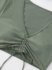 Drawstring Front Bikini Top, For Summer Beach Vacation - Army Green - View 4
