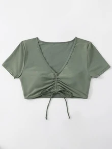Drawstring Front Bikini Top, For Summer Beach Vacation - Army Green - View 5