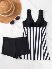 Traje de baño de 2 piezas Tankini a rayas con top largo fruncido y calzoncillos tipo bóxer - Blanco y Negro - Ver 5
