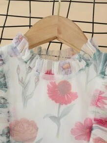 SHEIN 小女童印花木耳邊領荷葉邊連衣裙 - 白色 - 查看 3