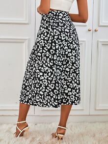 Falda con estampado de leopardo bajo con abertura - Blanco y Negro - Ver 2