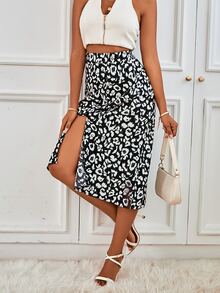 Falda con estampado de leopardo bajo con abertura - Blanco y Negro - Ver 3