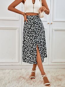 Falda con estampado de leopardo bajo con abertura - Blanco y Negro - Ver 6