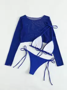 SHEIN Swim Summer Beach 3packs Solid Halter Triangle Bikini & Cover Up Top Women Two Pieces Blue Swimwear - Royal Blue - View 2