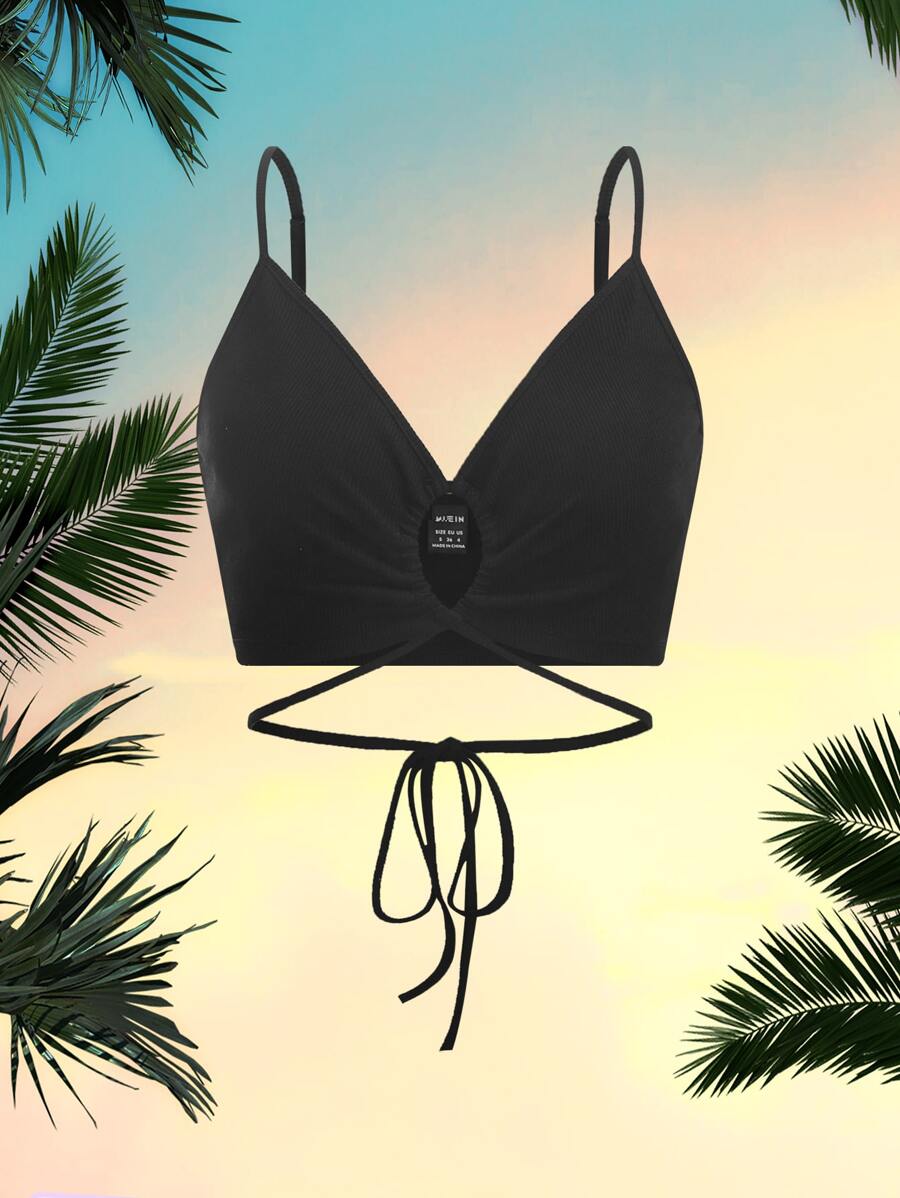 SHEIN ICON 十字交叉後綁帶吊帶上衣 - 黑色 - 查看 1