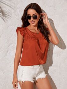 SHEIN LUNE Áo sơ mi nữ Xù màu trơn Giải trí - Màu Cam cháy - Xem 4