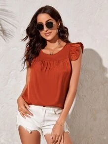 SHEIN LUNE Áo sơ mi nữ Xù màu trơn Giải trí - Màu Cam cháy - Xem 5