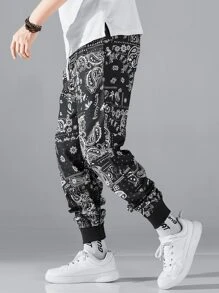 Manfinity Nam Hương hoa ngẫu nhiên & In hoa Paisley Dây rút Quần - Màu xám đen - Xem 3