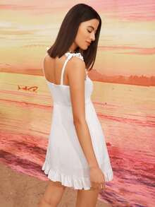 Vestido de tirantes de hombros con cordón bajo con fruncido - Blanco - Ver 2