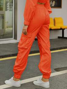 Pantalones cargo neón naranja con bolsillo con solapa de cintura con cordón - Naranja - Ver 2